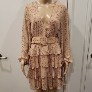 Beige Polka Dot Tiered Ruffle Dress with Belt